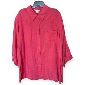 Sarah Spencer Woman Pink 3/4 Sleeve Button Front Linen Collared Shirt Size 2X